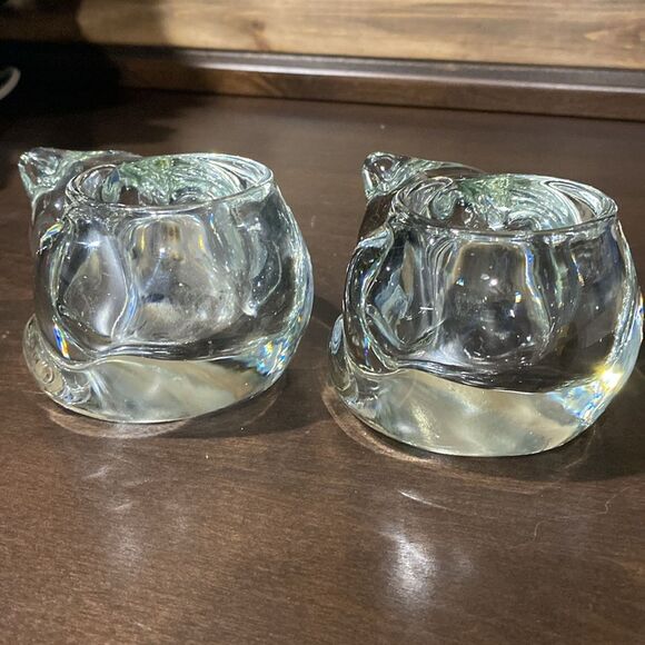 Pair of Vintage Indiana Glass Clear Sleeping Cat Tealight Votive Candle Holders - Picture 4 of 10